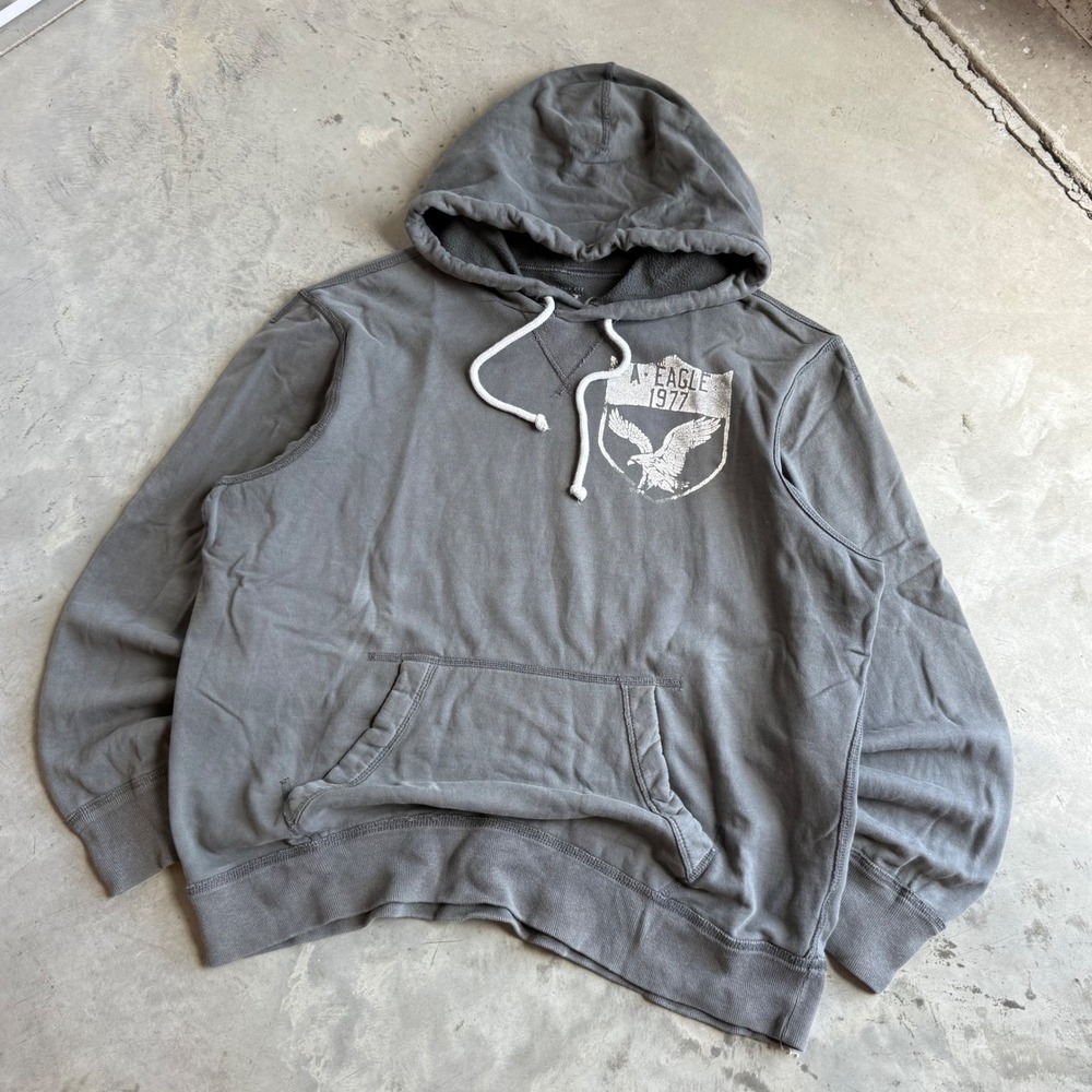 American Eagle Mens Grey Graphic Hoodie XL Distressed NY Eagle 1977 Sweatshirt